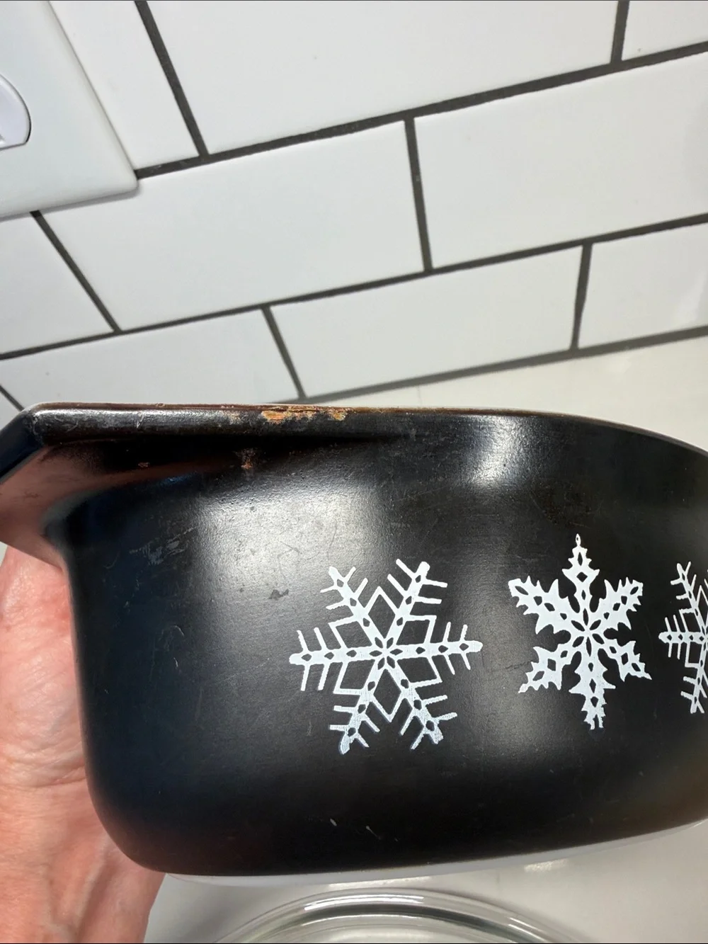Rare Vintage Black w/White Snowflake Pyrex 1-1/2 Qt Oval Casserole Lid Dish 15
